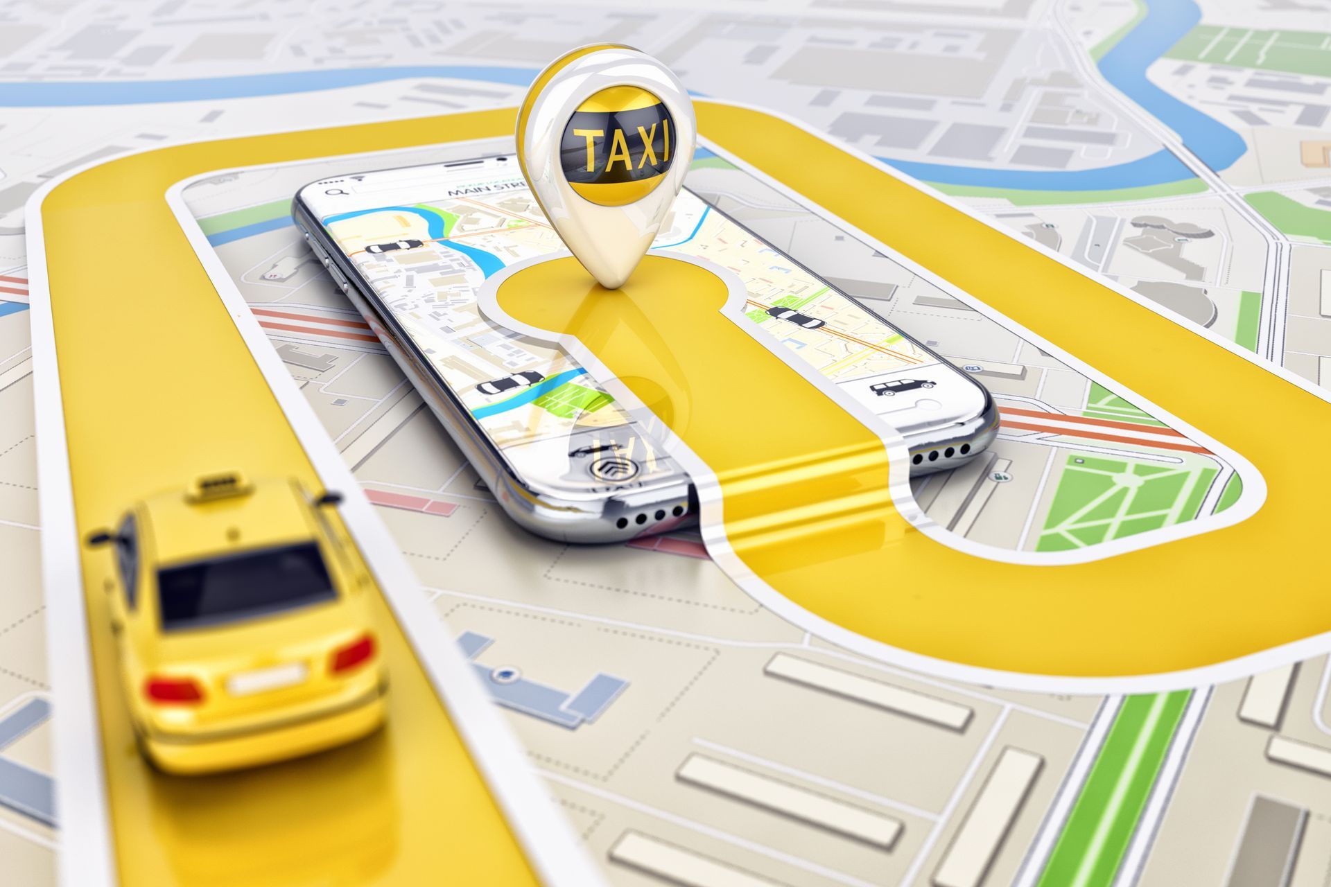 Taxi jaune suivant une trajectoire jaune sur une carte affichée sur un smartphone ; marqueur TAXI.