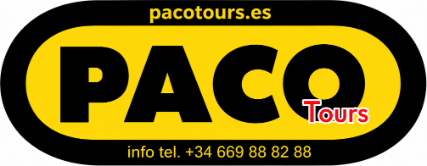 Logotipo de PACO Tours sobre fondo negro y amarillo con sitio web y n&uacute;mero de tel&eacute;fono.