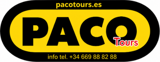 Logotipo de PACO Tours sobre fondo negro y amarillo con sitio web y n&uacute;mero de tel&eacute;fono.