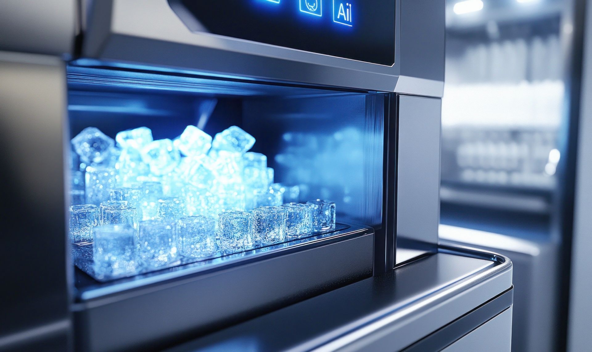 Machine à glaçons avec un bac rempli de glaçons.