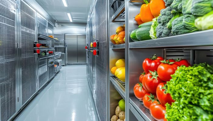 Réfrigérateur avec étagères de produits frais.