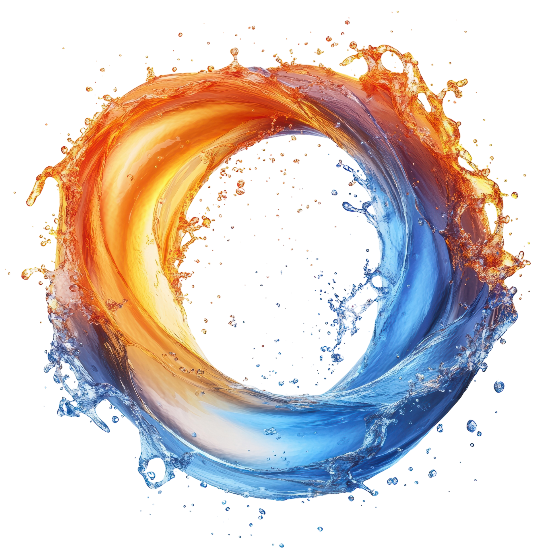 L'eau orange et bleue tourbillonne, formant un anneau.