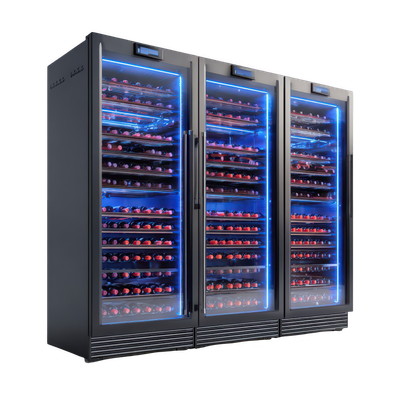 Trois refroidisseurs à vin, remplis de bouteilles de vin.