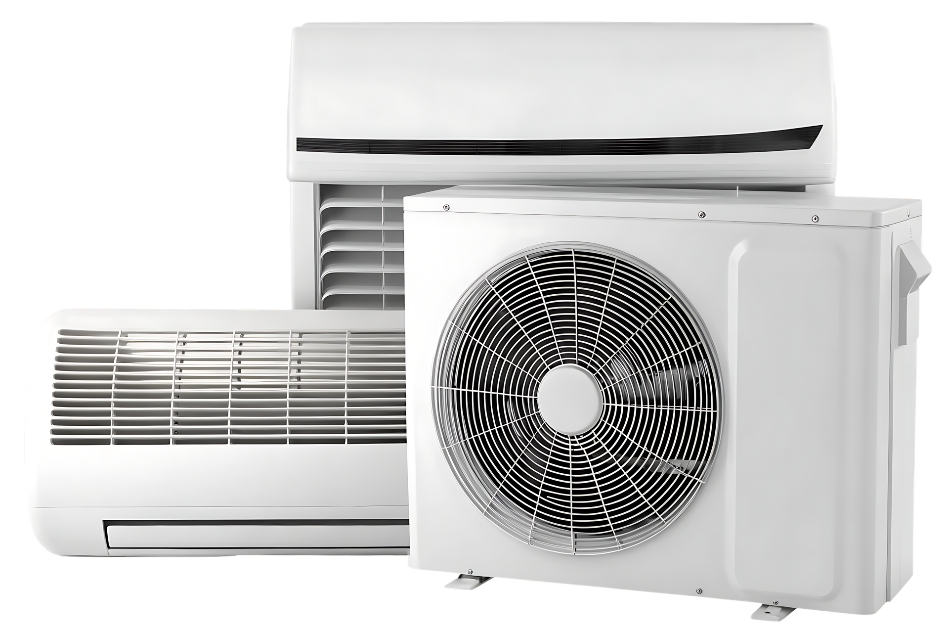 Unités de climatisation blanches : unités murales intérieures et compresseur extérieur.