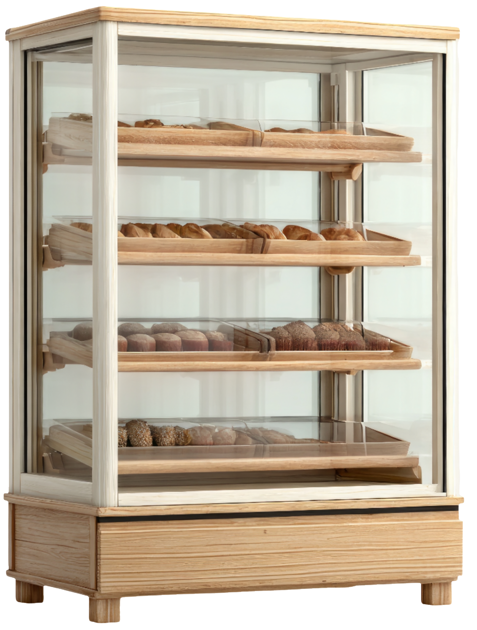 Vitrine présentant des pâtisseries sur plusieurs étagères.