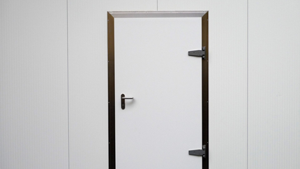 Porte blanche avec charnières et poignée noires.