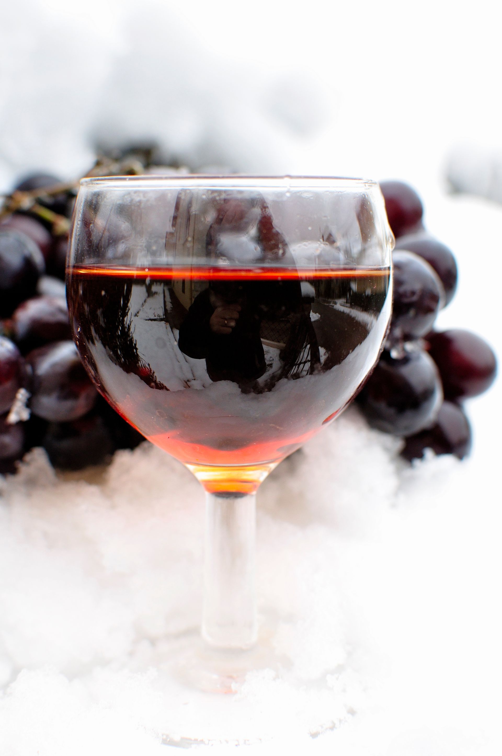 Verre de vin rouge devant une grappe de raisin.
