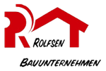 Ein rot-weißes Logo für ein Unternehmen namens Rolfsen Bauunternehmen