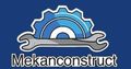 Un logotipo para una empresa llamada mekanconstruct con una llave inglesa y un engranaje sobre un fondo azul.