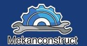 Un logotipo para una empresa llamada mekanconstruct con una llave inglesa y un engranaje sobre un fondo azul.