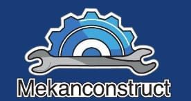 Un logotipo para una empresa llamada mekanconstruct con una llave inglesa y un engranaje sobre un fondo azul.