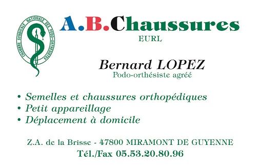 Carte de visite d'A.B. Chaussures, Bernard Lopez, chaussures orthopédiques et livraison à domicile.