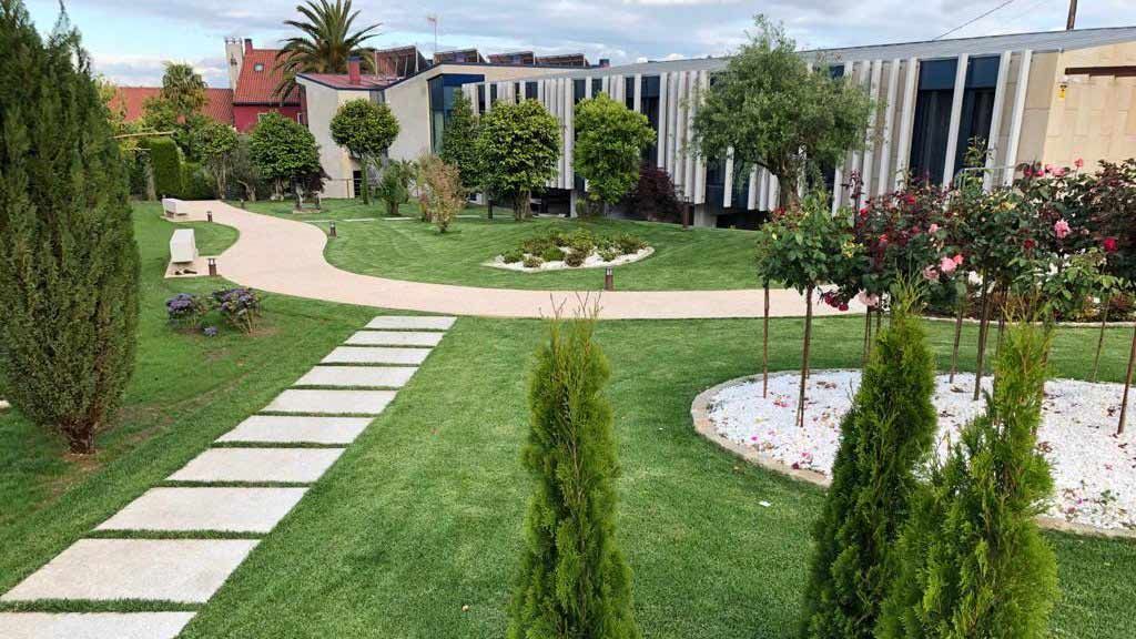 Un exuberante jardín verde con una pasarela y árboles frente a un edificio.