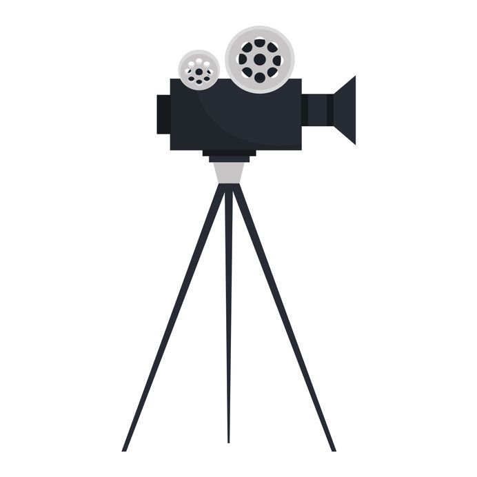 Una cámara de cine sobre un trípode sobre un fondo blanco.