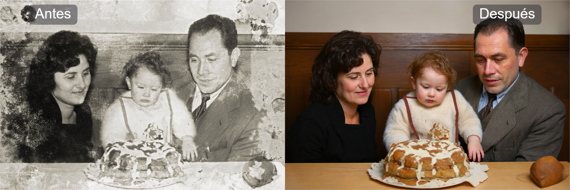 Una fotografía en blanco y negro de una mujer antes y después de ser restaurada.