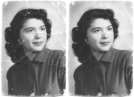 Una fotografía en blanco y negro de una mujer antes y después de ser restaurada.