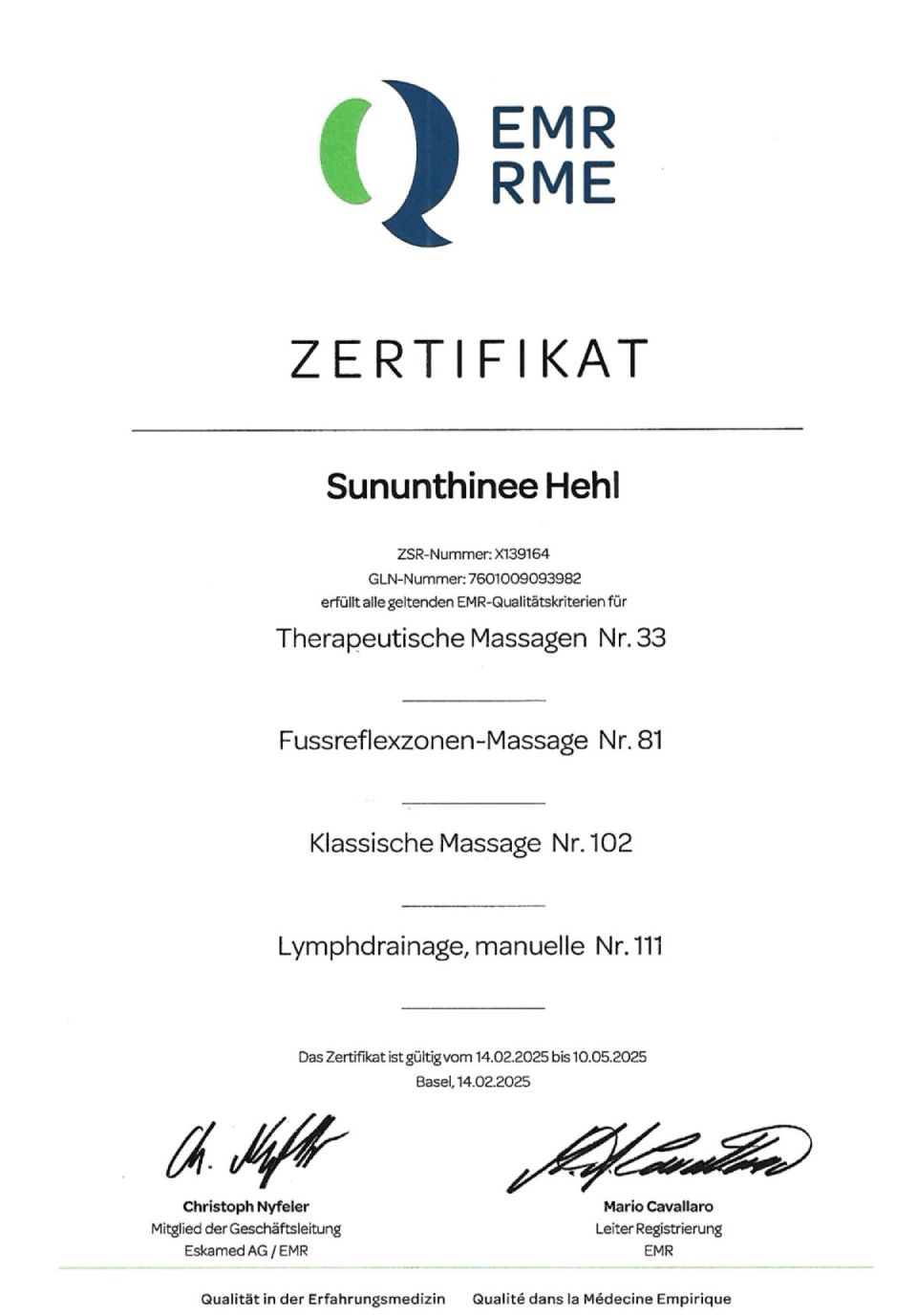 EMR/RME-ZERTIFIKAT mit Logo, deutsches Zertifikat mit Auflistung der Prüfungsergebnisse und Unterschriften