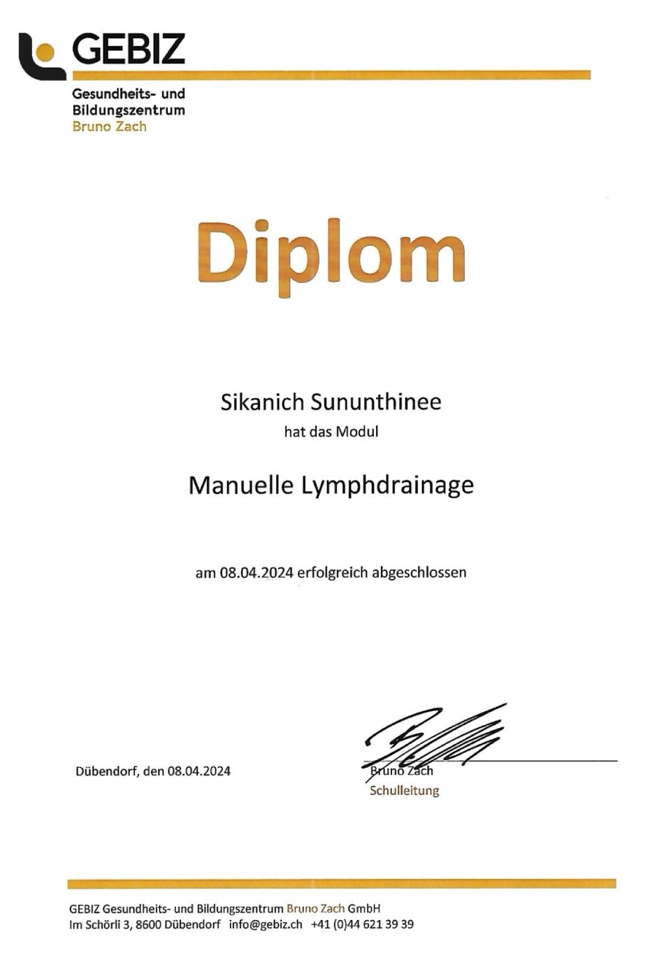 Diplomzertifikat von GEBIZ für „Manuelle Lymphdrainage“, mit goldenen Akzenten und Unterschrift.