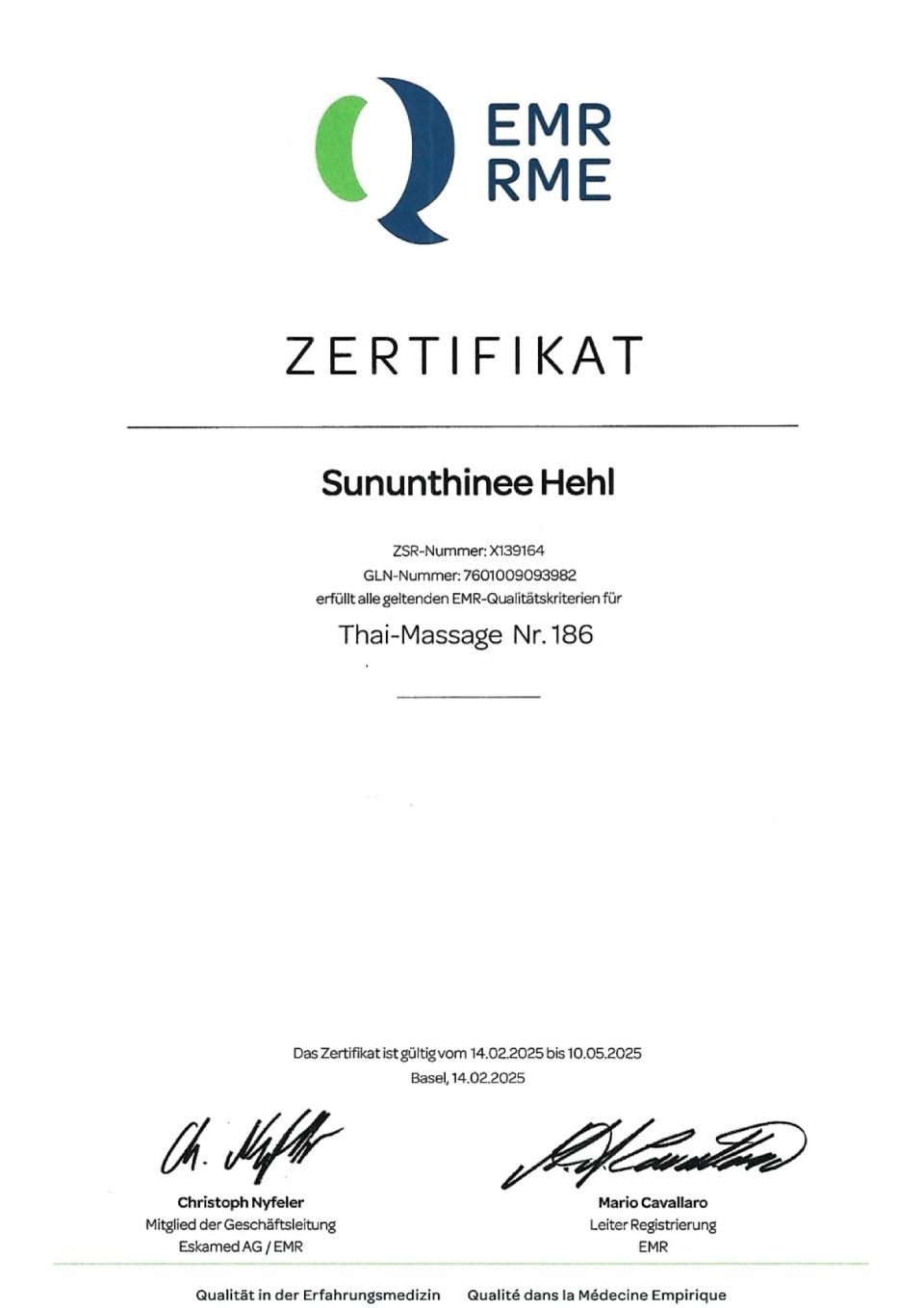 EMR RME-Zertifikat mit Logo, Titel „ZERTIFIKAT“ und Unterschriften am unteren Rand