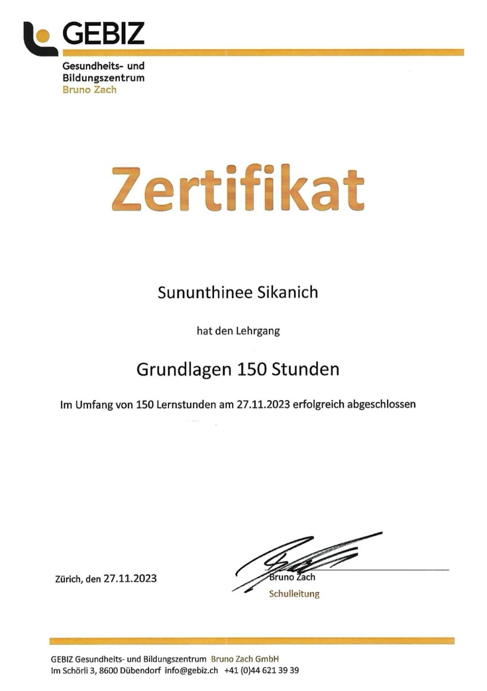 Gebiz-Zertifikat mit goldener Überschrift „Zertifikat“ und Unterschrift am unteren Rand