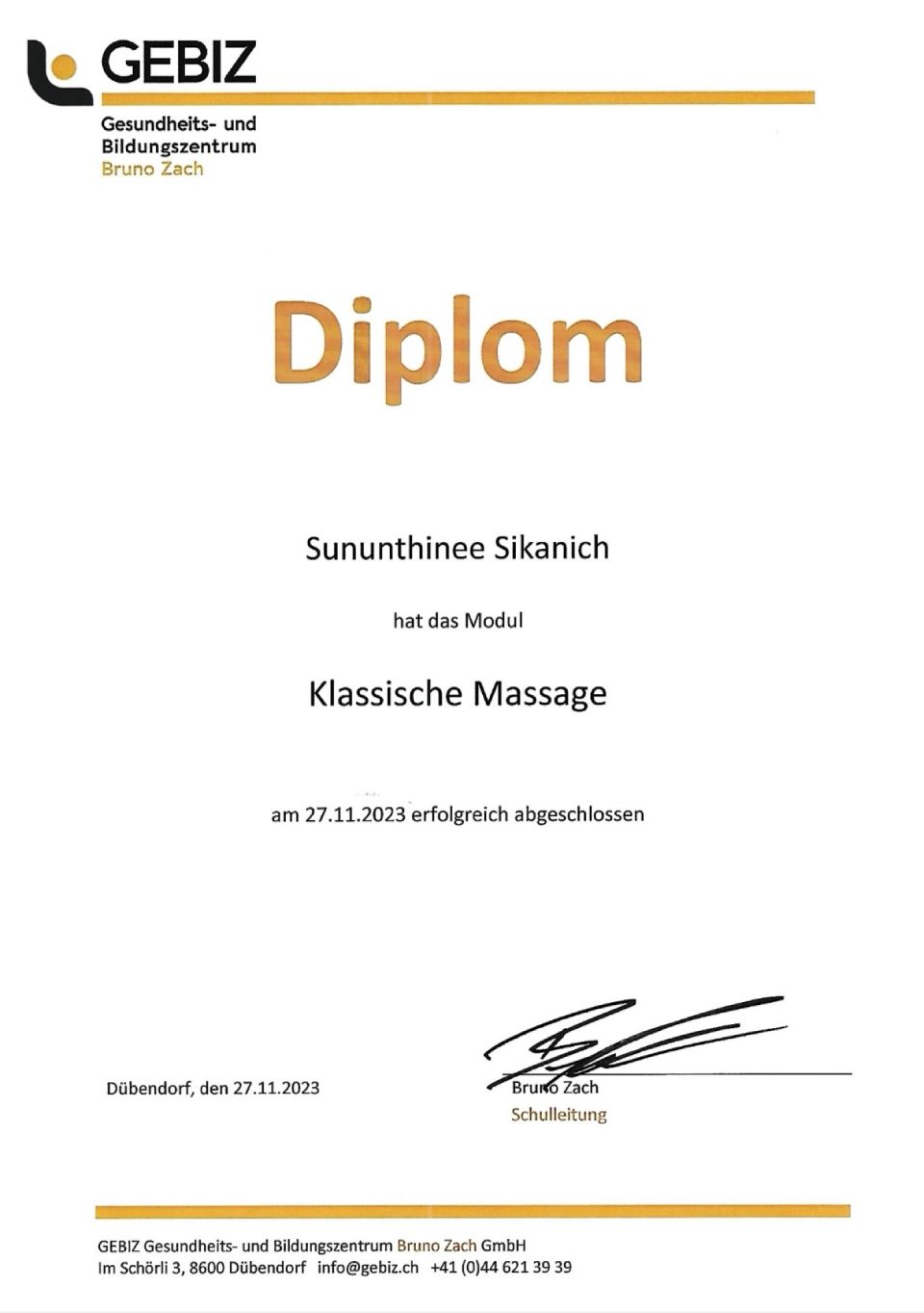 Diplomurkunde mit GEBIZ-Logo, goldenem „Diplom“-Titel und handschriftlicher Unterschrift auf weissem Hintergrund