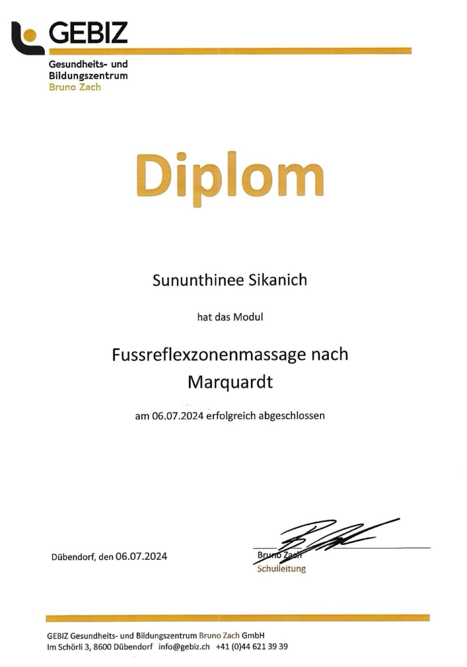Deutsches Diplomzertifikat mit GEBIZ-Logo und goldenem Titel „Diplom“ auf weissem Papier.