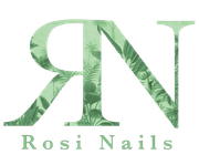 Un logotipo verde para Rosi Nails con hojas.