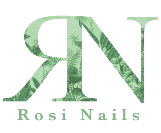 Un logotipo verde para Rosi Nails con hojas.