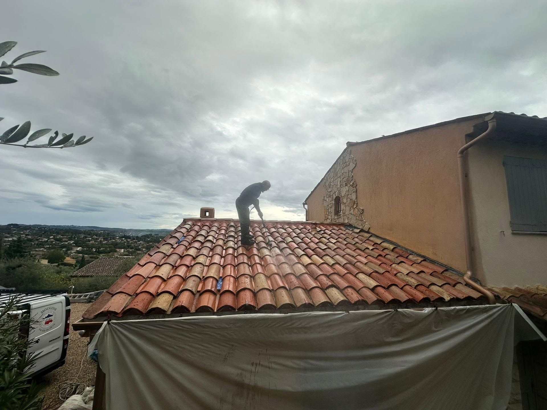 Toit-terrasse aux tuiles de terre cuite rouges et un chat noir sous un ciel nuageux