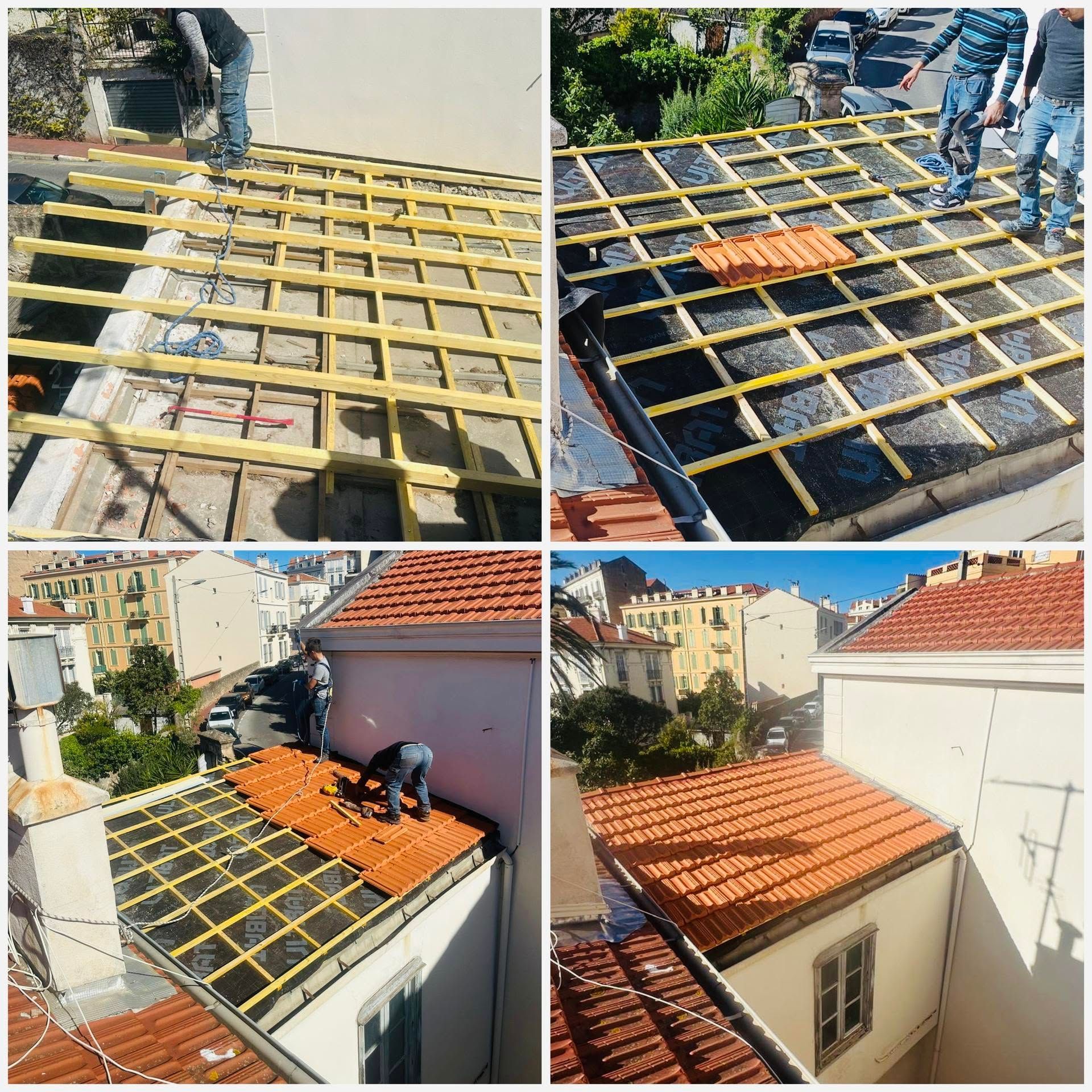 Des ouvriers installent en cours des liteaux jaunes et des tuiles rouges sur le toit d'une maison.
