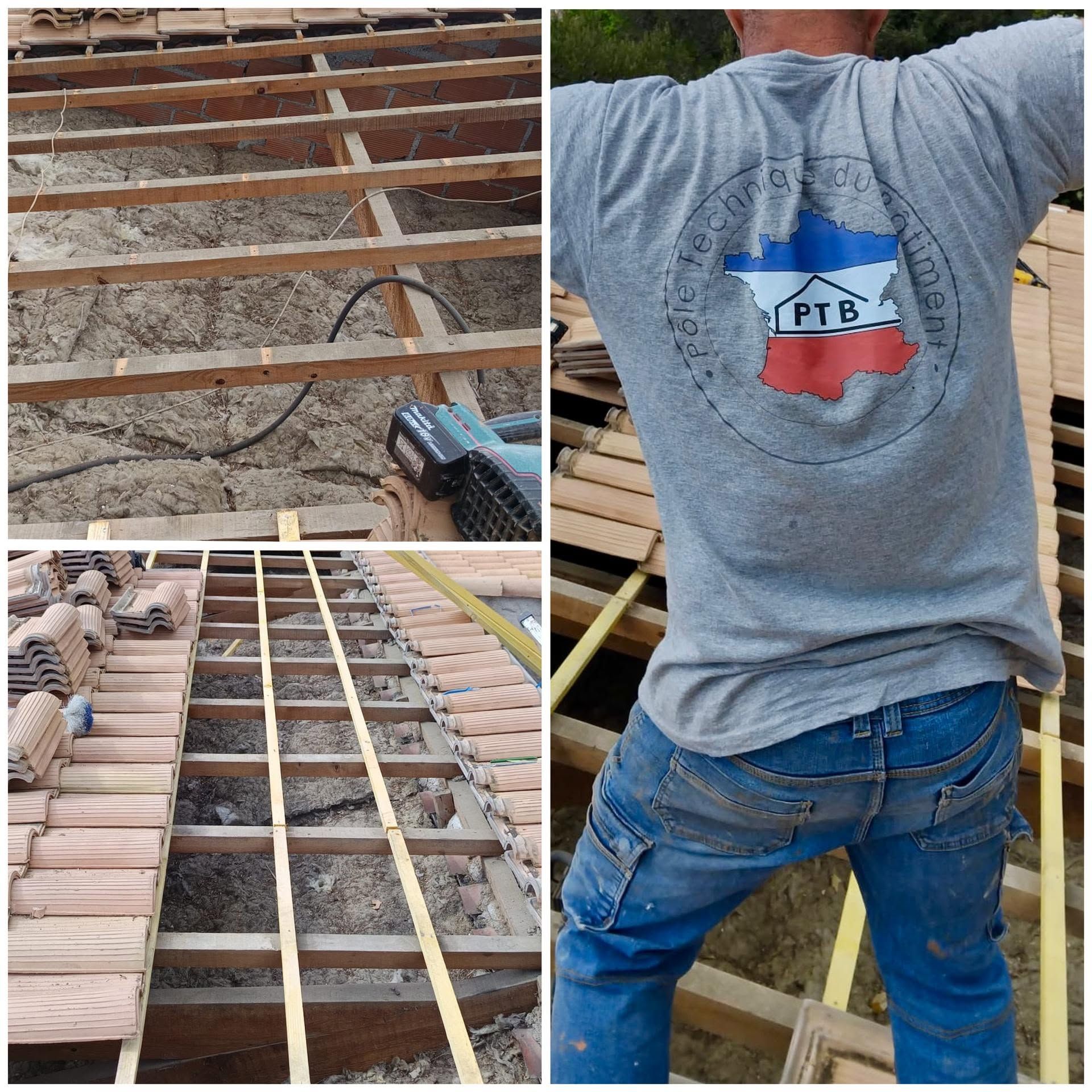Un ouvrier du bâtiment installe un treillis d'armature sur un toit, avec des gros plans de la charpente et des tuiles.