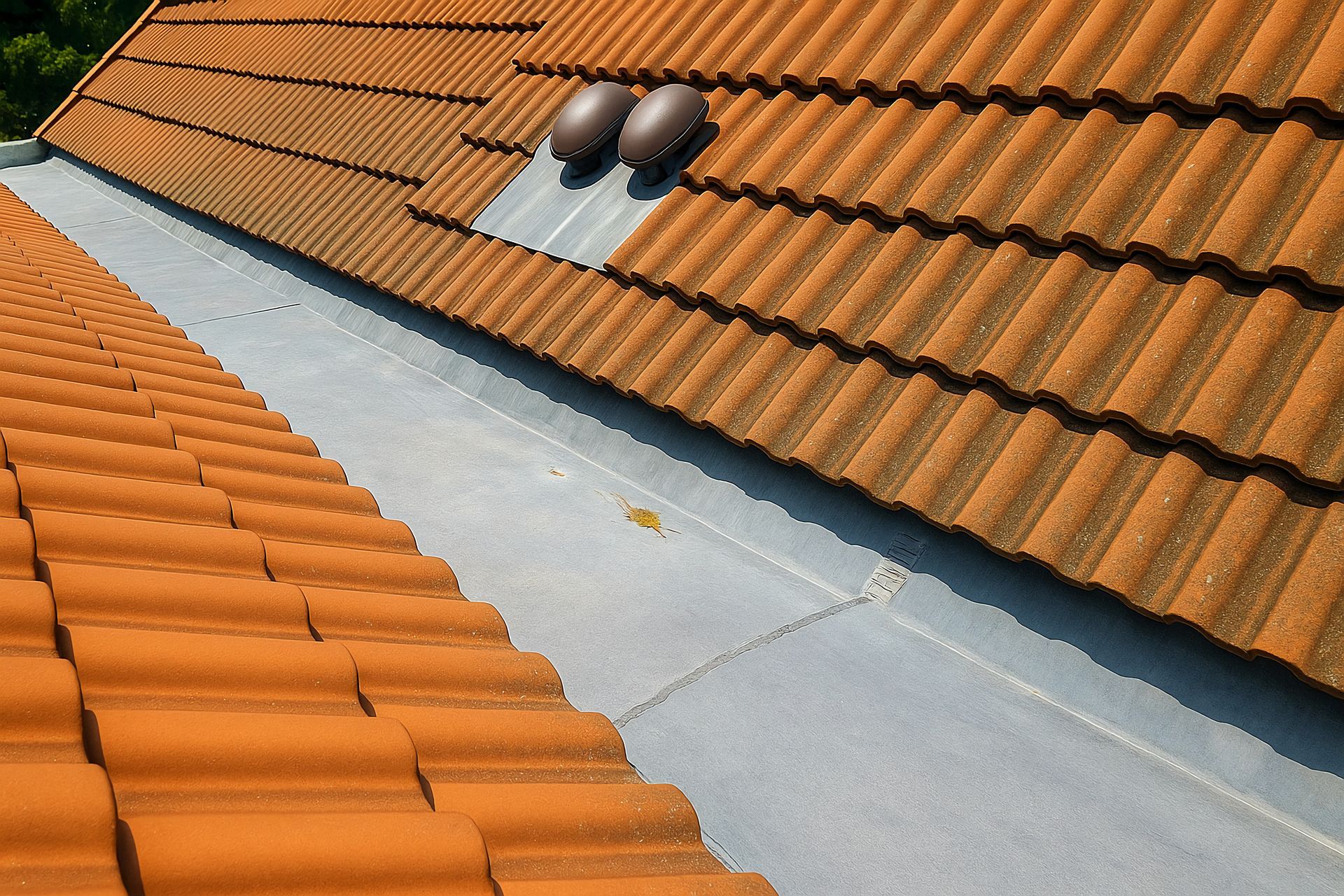 Toits de tuiles orange avec une noue centrale en métal gris et deux chapeaux de ventilation par une journée ensoleillée