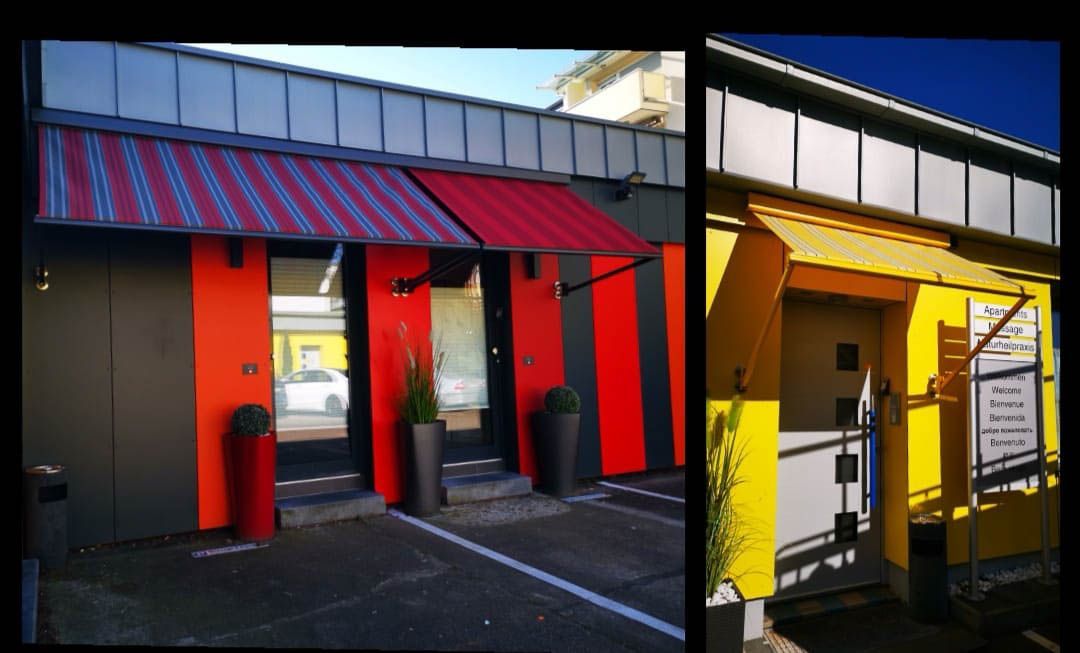 Ein Bild eines Gebäudes mit einer roten Markise und ein Bild eines Gebäudes mit einer gelben Markise