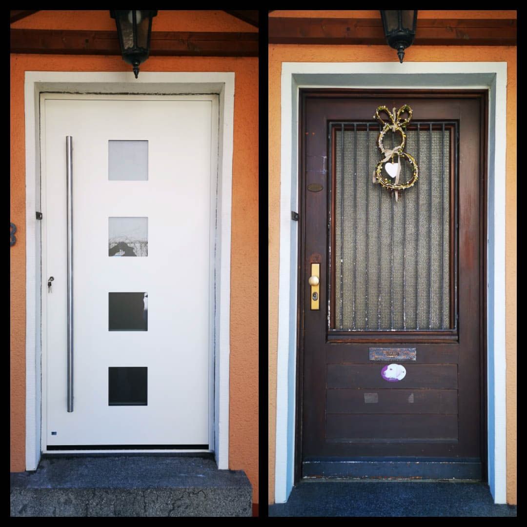 Eine weiße Tür neben einer braunen Tür mit der Nummer 8 darauf