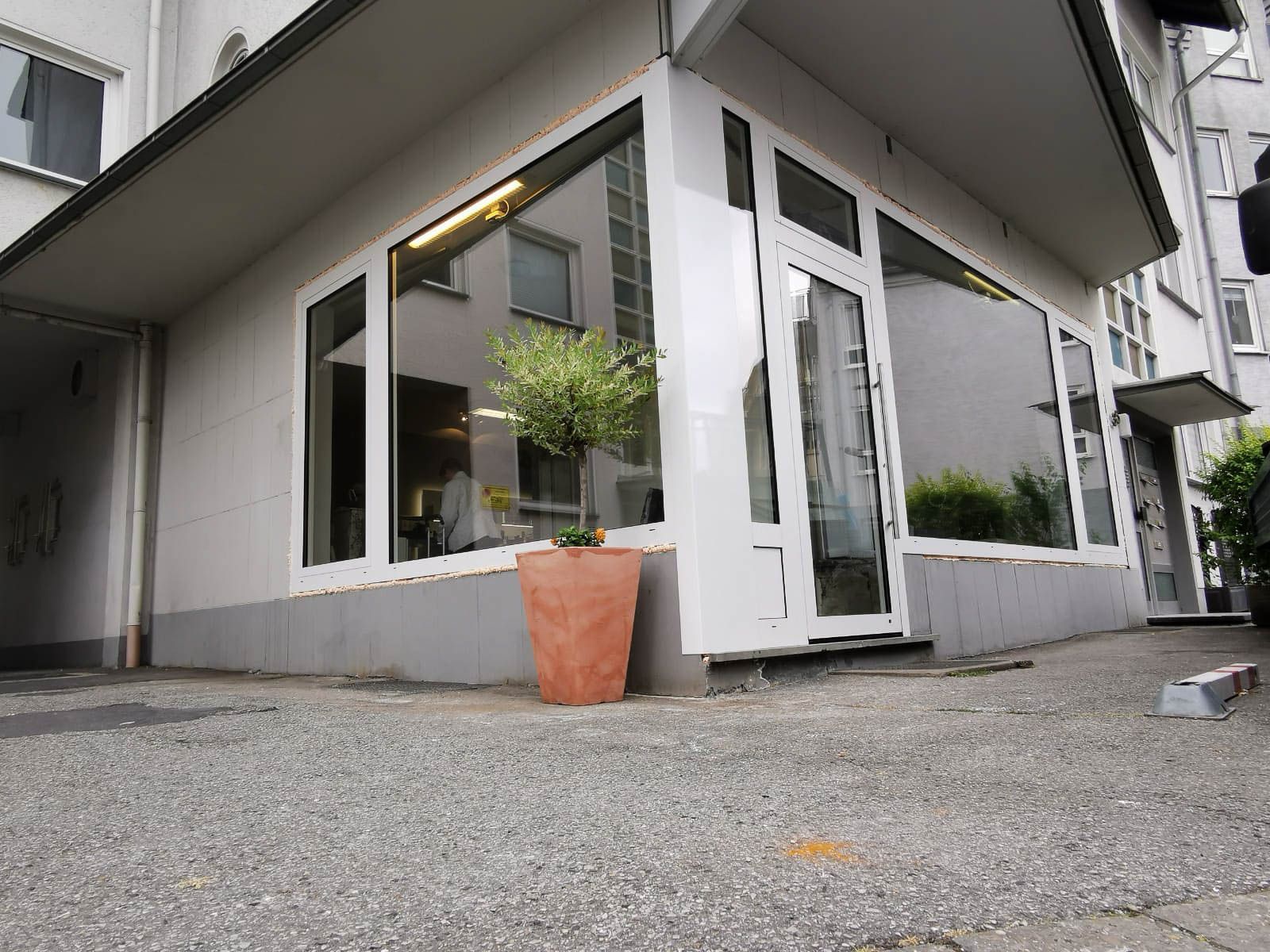 Ein weißes Gebäude mit einer Topfpflanze davor