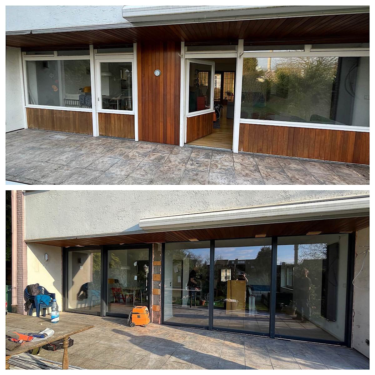 Ein Vorher-Nachher-Bild eines Hauses mit Glasschiebetüren.