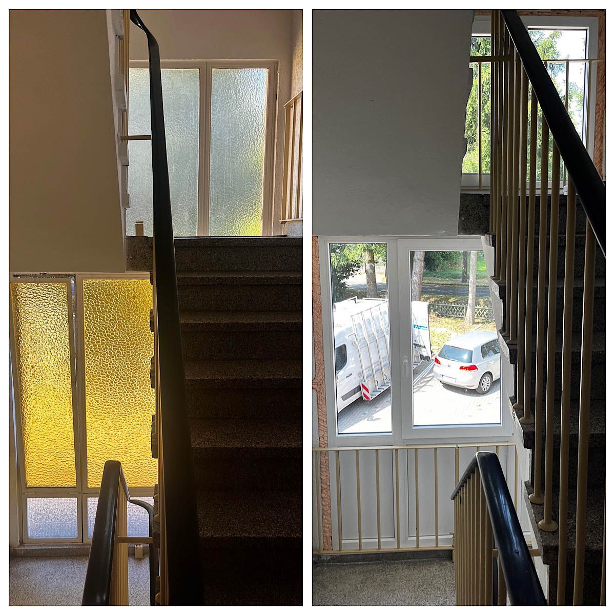 Ein Vorher-Nachher-Bild einer Treppe mit einem Fenster