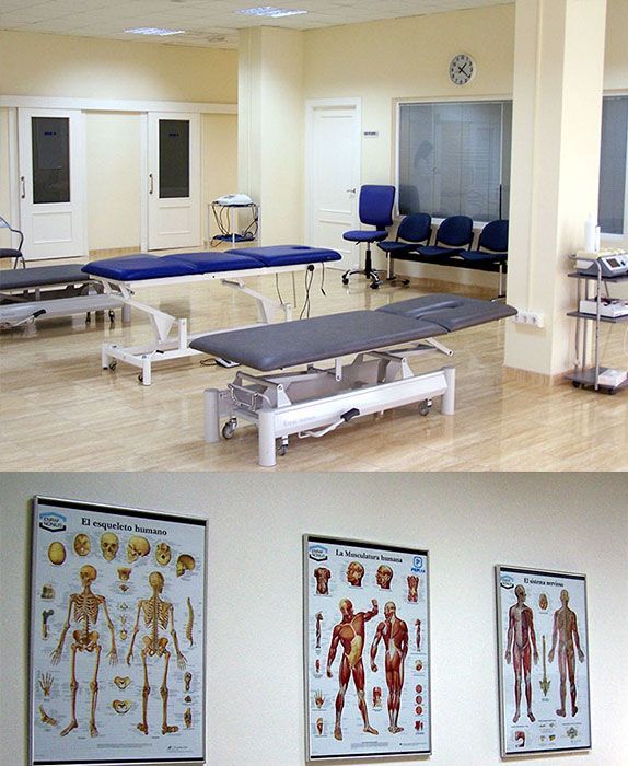 Sala de fisioterapia con camillas, carteles de anatomía humana y zona de espera con sillas.