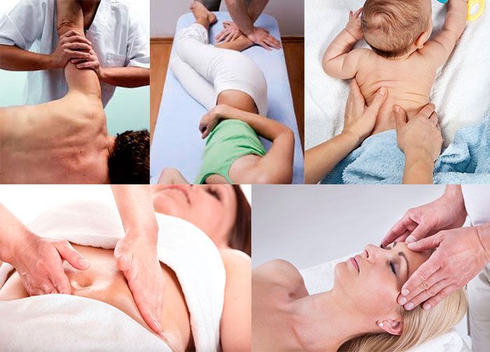 Cinco imágenes de personas recibiendo diferentes tipos de masajes: brazos, estiramiento de piernas, bebé, abdomen y cara.