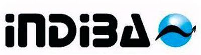 Logotipo: Texto “INDIBA” en negro con un globo azul y una flecha negra curva.