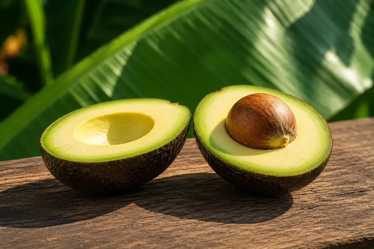 Dos mitades de aguacate sobre una superficie de madera con un fondo verde frondoso.