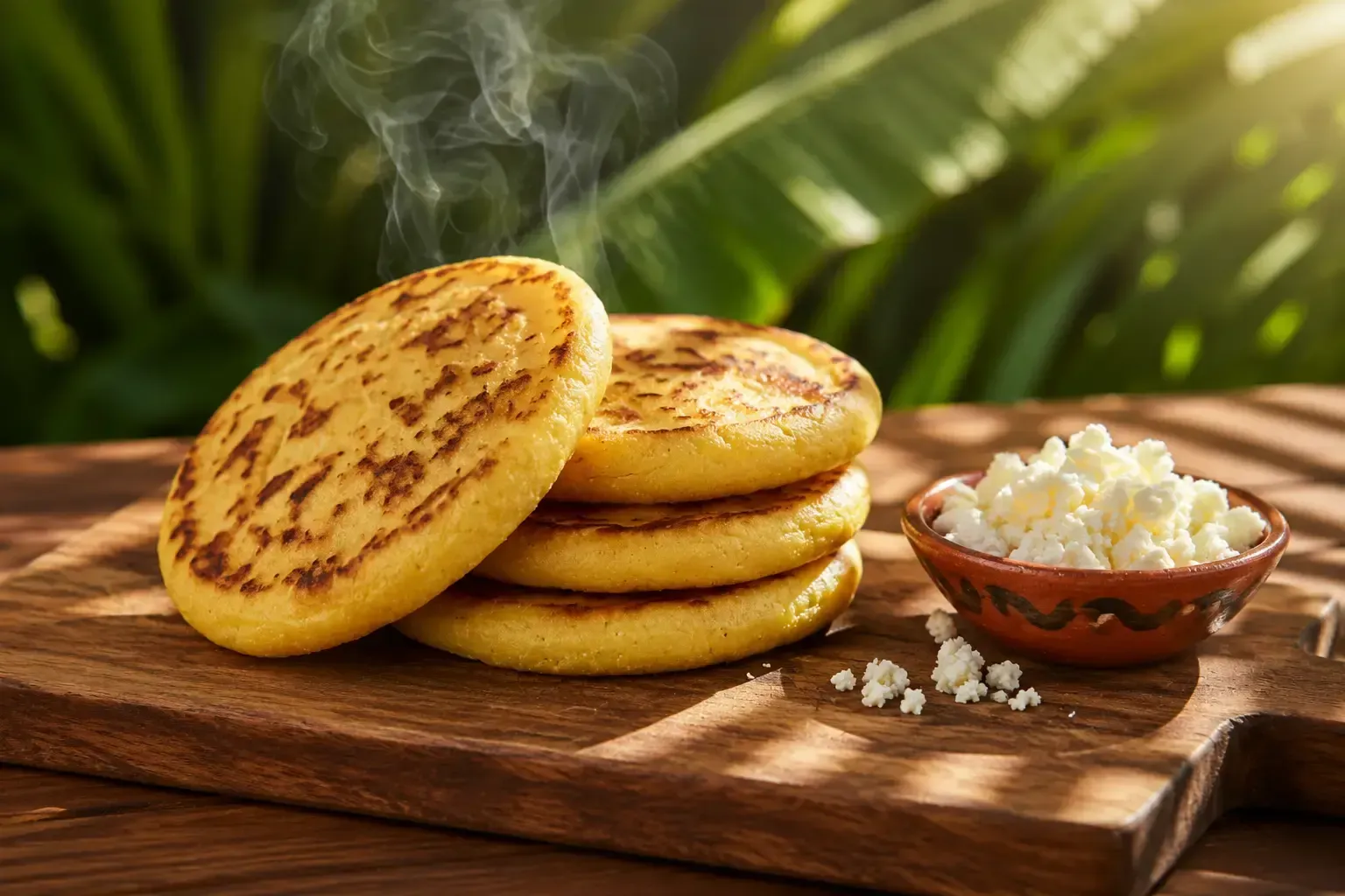 Arepas doradas sobre una tabla de madera con un pequeño cuenco de queso, sobre un fondo de hojas verdes.