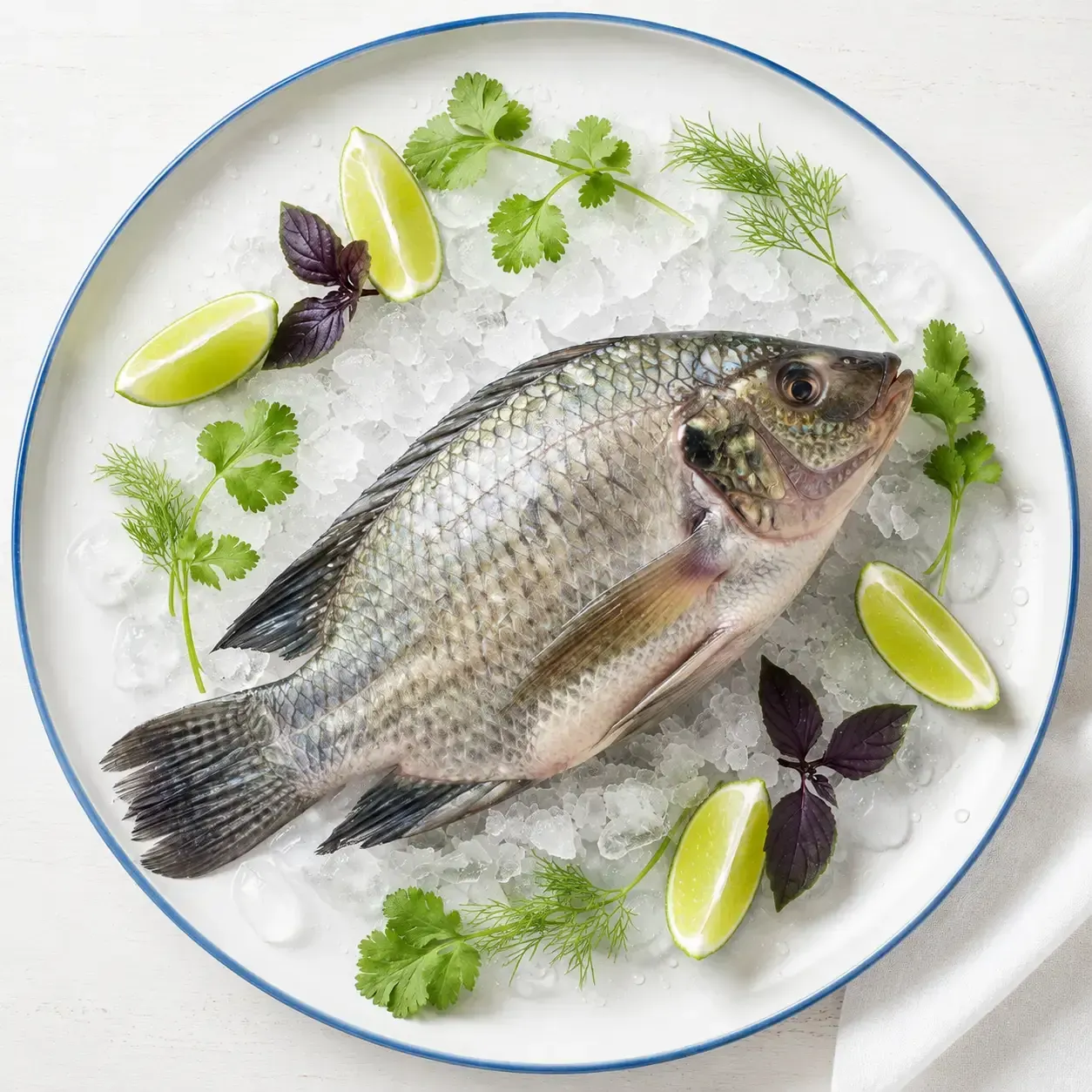 Pescado crudo entero sobre hielo picado, adornado con rodajas de lima y hierbas aromáticas en un plato blanco.