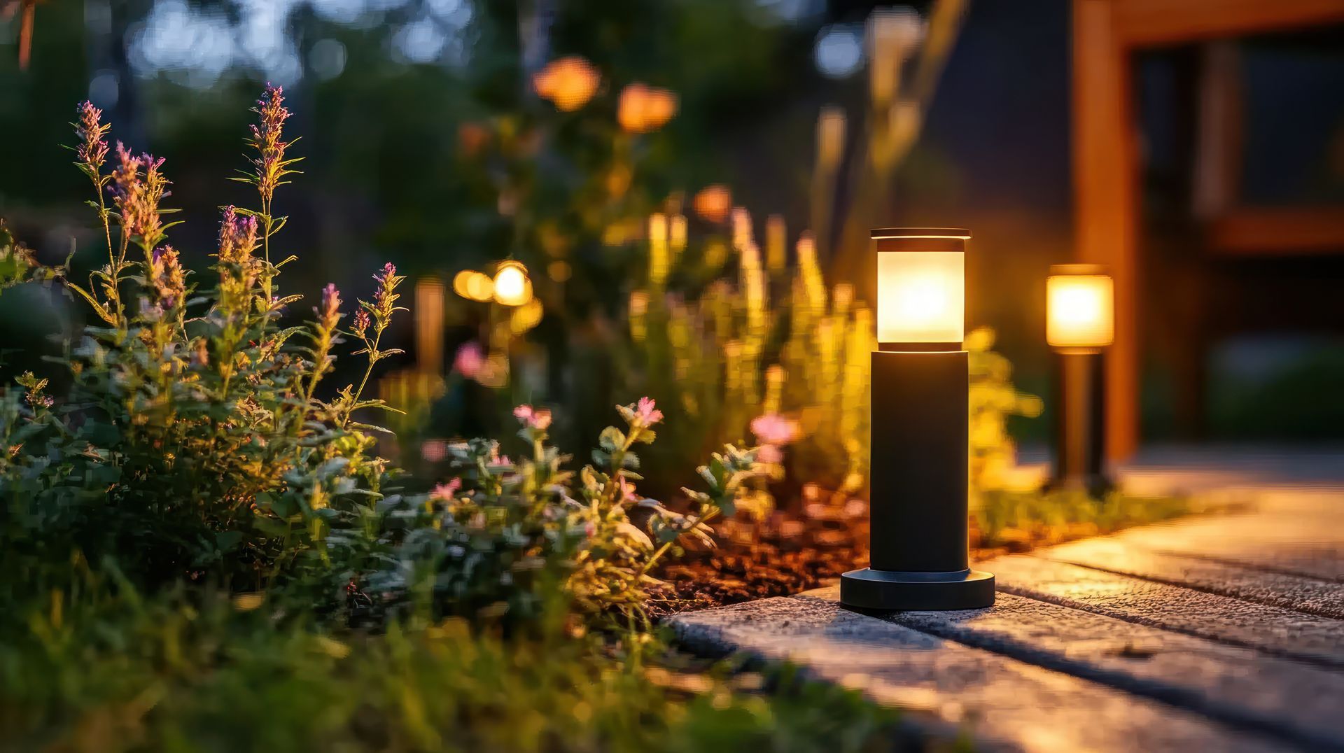 Des éclairages dans un jardin.