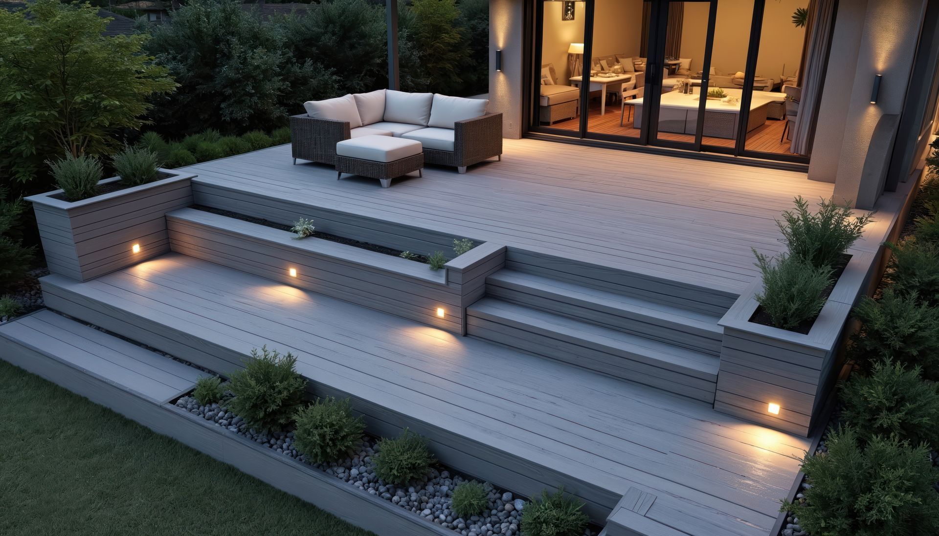 Une terrasse avec des éclairages extérieurs.