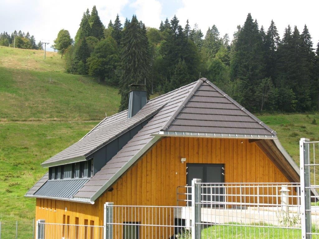 Steiles dunkelgraues Hausdach mit Schornstein auf einer Wiese vor bewaldetem Hügel
