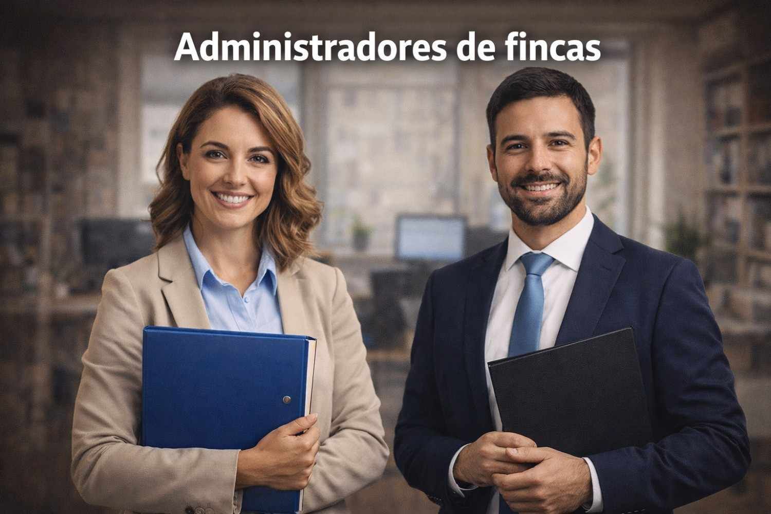 Dos profesionales vestidos de traje de negocios sostienen carpetas en una oficina.