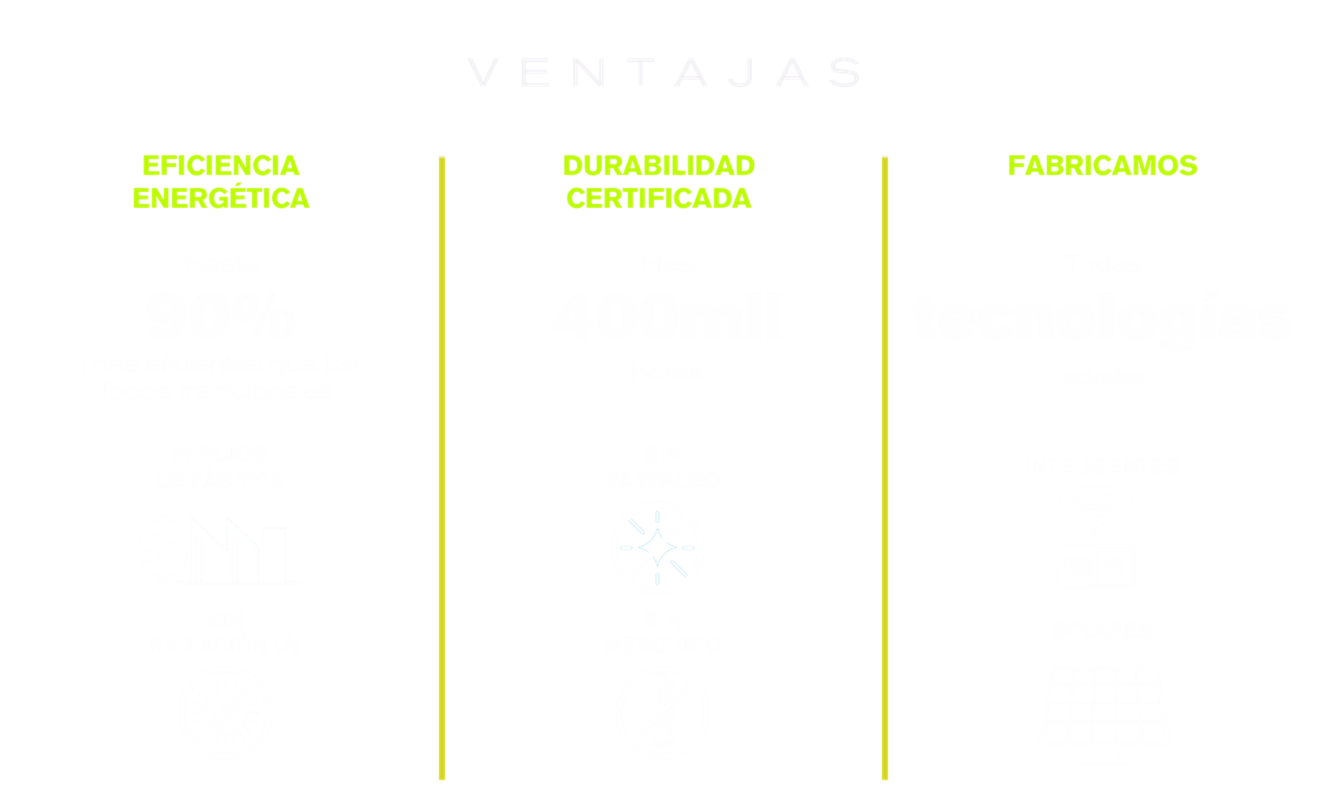 Gráfico que enumera tres ventajas en español: eficiencia energética, durabilidad certificada y fabricación local.
