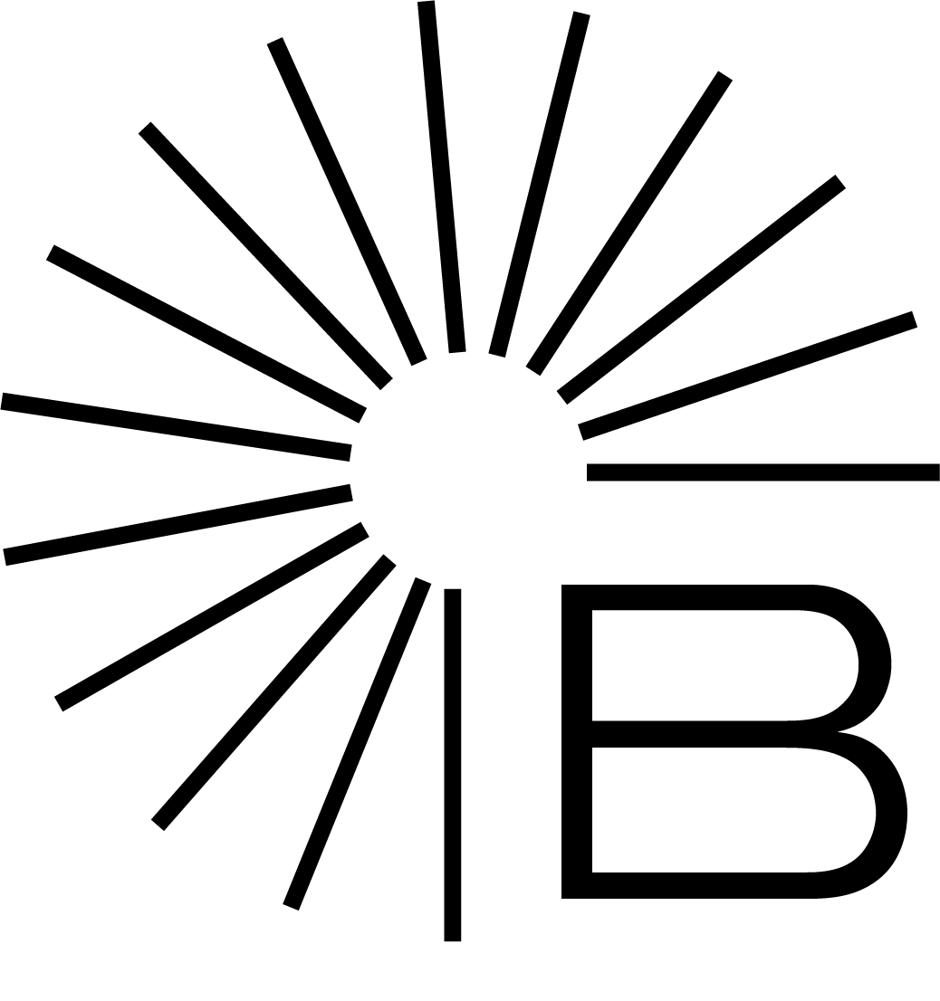 Un logotipo negro con una letra B may&uacute;scula junto a un icono de rayos de sol formado por l&iacute;neas radiantes.
