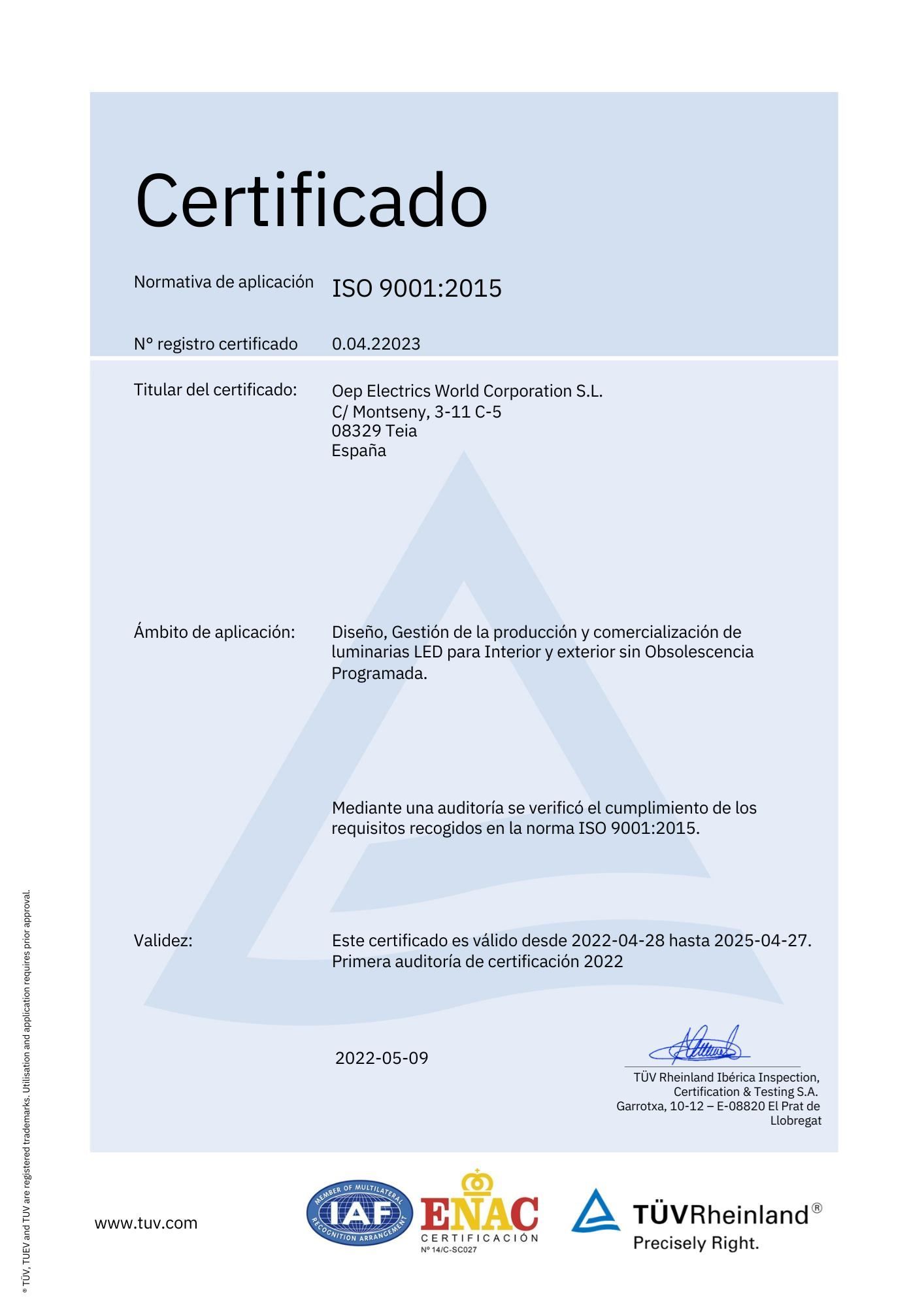 Documento de certificación TÜV Rheinland ISO 9001:2015 para Confitería La Confitería.